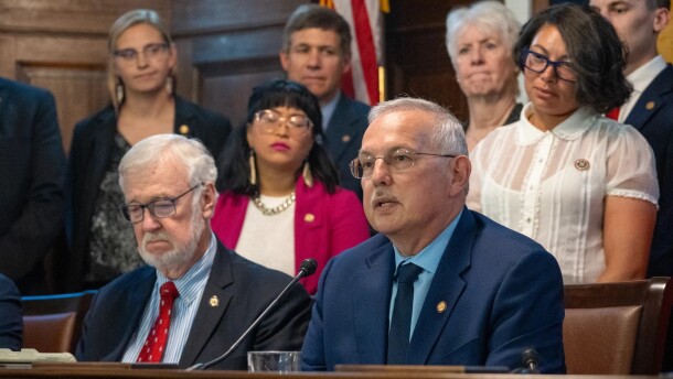 House Speaker Bryce Edgmon, a Dillingham independent, speaks alongside Senate President Gary Stevens, a Kodiak Republican, during a news conference at the Alaska State Capitol following two successful veto override votes on August 2, 2025.