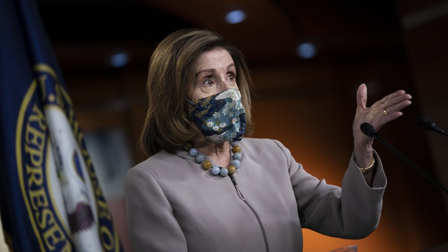 House Speaker Nancy Pelosi, pictured on Dec. 10, led her chamber in a vote to override President Trump's veto of the annual defense bill on Monday.