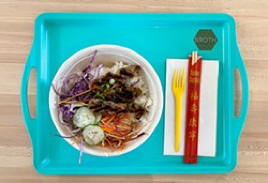 The Lemongrass Chicken skewers at Broth, one of the restaurants at the Mercantile at Main.