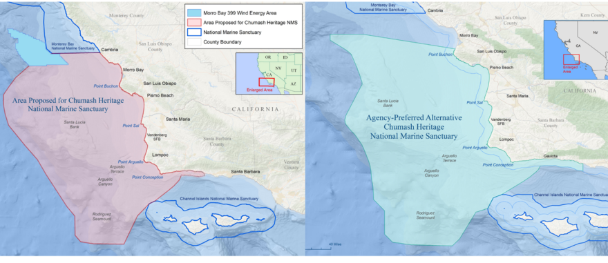 The map on the left shows the proposal being supported by the two of the region's congressional leaders, and the one on the right shows the current NOAA proposal.