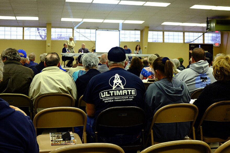 Oklahoma Geological Survey seismologists and representatives from the Corporation Commission lead a public meeting on earthquakes held in March 2015 in Medford, Okla.