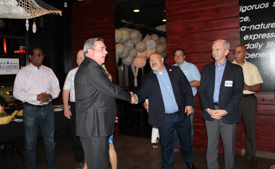 Mayor Gary McCarthy speaks to his team at Zen in Schenectady Tuesday after polls closed.