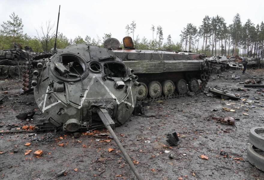 The letter V, the Russian forces emblem, is seen on a blown Russian tank turret in the village of Dmytrivka close to Kyiv, Ukraine, Saturday, Apr. 2, 2022. At least ten Russian tanks were destroyed in the fighting two days ago in Dmytrivka. At least ten Russian tanks were destroyed in the fighting two days ago in Dmytrivka.