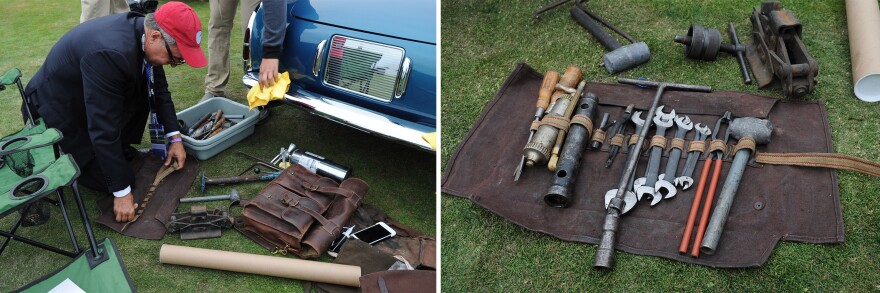 <strong>Left:</strong> Ferrari specialist, Tom Shaughnessy, assembles a tool kit for his client's 1952 Ferrari 212 Inter Ghia Cabriolet before judging. The car is owned by Jimmy Page of Boca Raton, Fla. <strong>Right: </strong>Shaughnessy's assembled tool kit for this specific car.