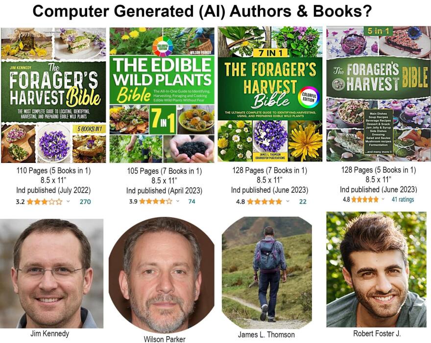 A screenshot of books all titled with some variation of "the forester's harvest bible". Below the books are four headshots of men that do not exist in web searches but are listed as the authors of the books.