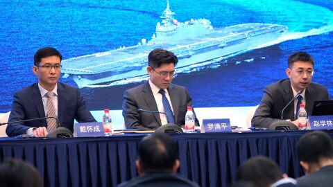 From left to right, Dan Huaicheng, secretary-general of China Arms control and Disarmament Association (CACDA), Luo Qingping, Chairman of China Institute of Nuclear Industry Strategy, and Zhao Xuelin, engineer of China Institute of Nuclear Industry Strategy, attend a press conference on release the research report "Nuclear Ambitions of Japan's Right Wing Forces: A Serious Threat to World Peace" at a hotel in Beijing, China, Thursday, Jan. 8, 2026. (AP Photo/Vincent Thian)
