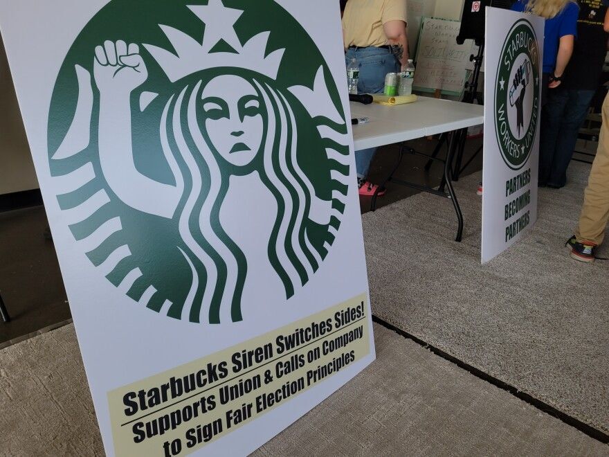 A modified version of the Starbucks Siren meant to show union solitary is displayed at Starbucks Workers United's news conference Aug. 28, 2021.