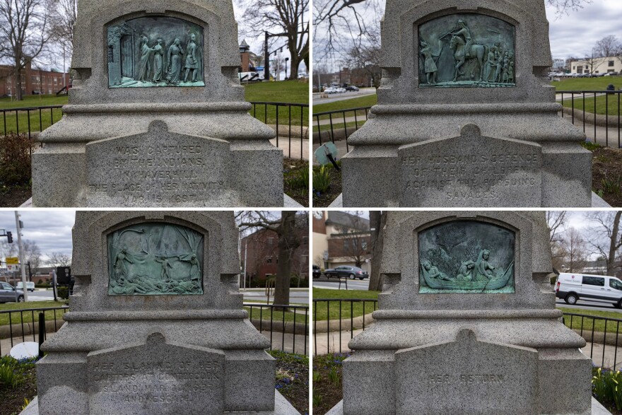 Four reliefs on the side of the statue depict the story of Hannah Duston in Haverhill, Mass.