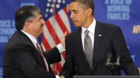 Barack Obama shakes hands with labor leader Richard Trumka. Michael Barone of <em>National Review</em> argues that the era of cooperation between labor, business and government should end.
