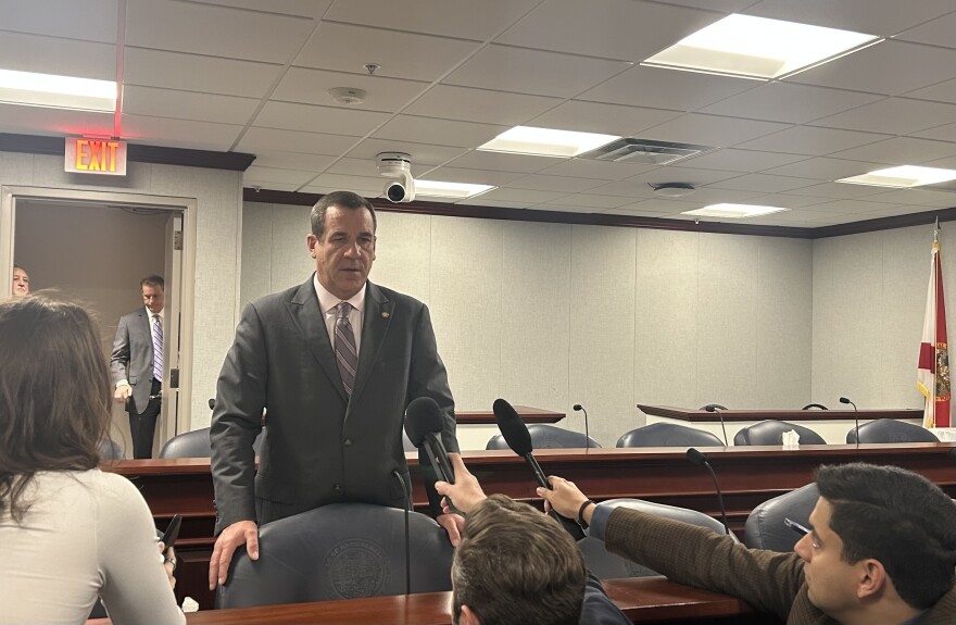 Rep. Philip Wayne "Griff" Griffitts, Jr., who presented the emergency fund guardrails bill, speaks to the media after a committee meeting on Monday, Feb. 16, 2026.