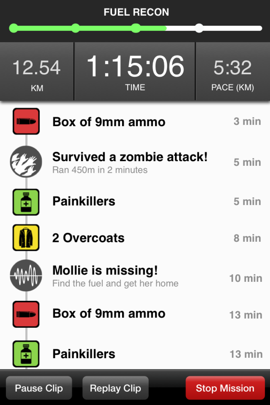 In addition to escaping hungry zombies, the app challenges the runner to collect supplies and accomplish objectives.