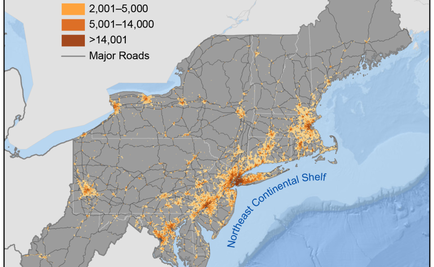 A graphic from the federal climate assessment shows 2010 population density in the Northeast combined with road patterns and ocean shelf relief.