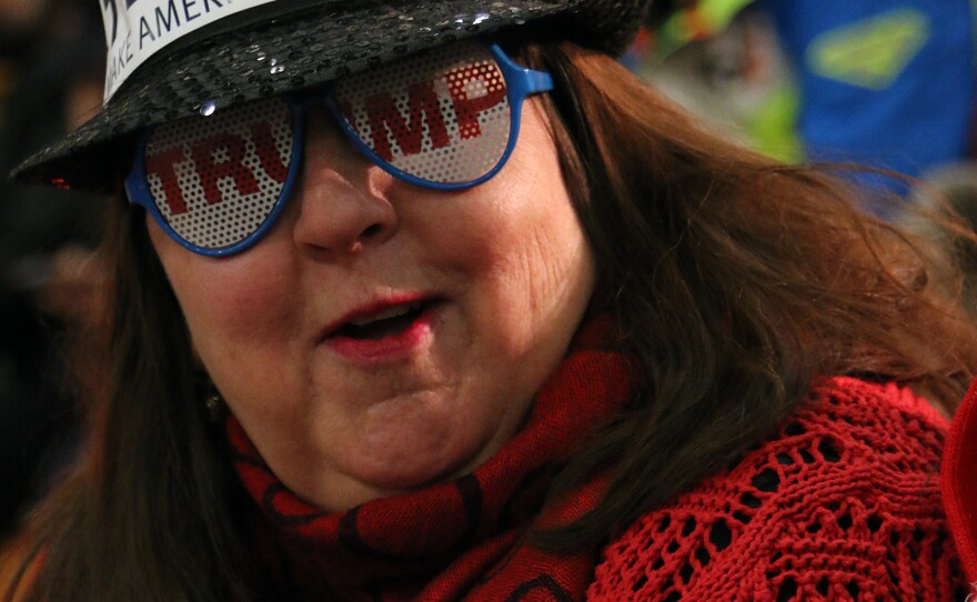 Marion Emslie, a Trump supporter, at a rally in Concord this month.