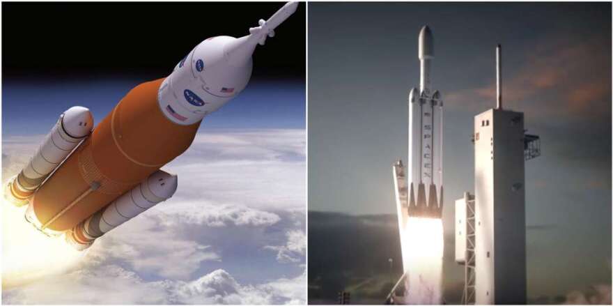 NASA's Space Launch System (right) and SpaceX's Falcon Heavy (left) are racing to the moon. Photo: NASA / SpaceX
