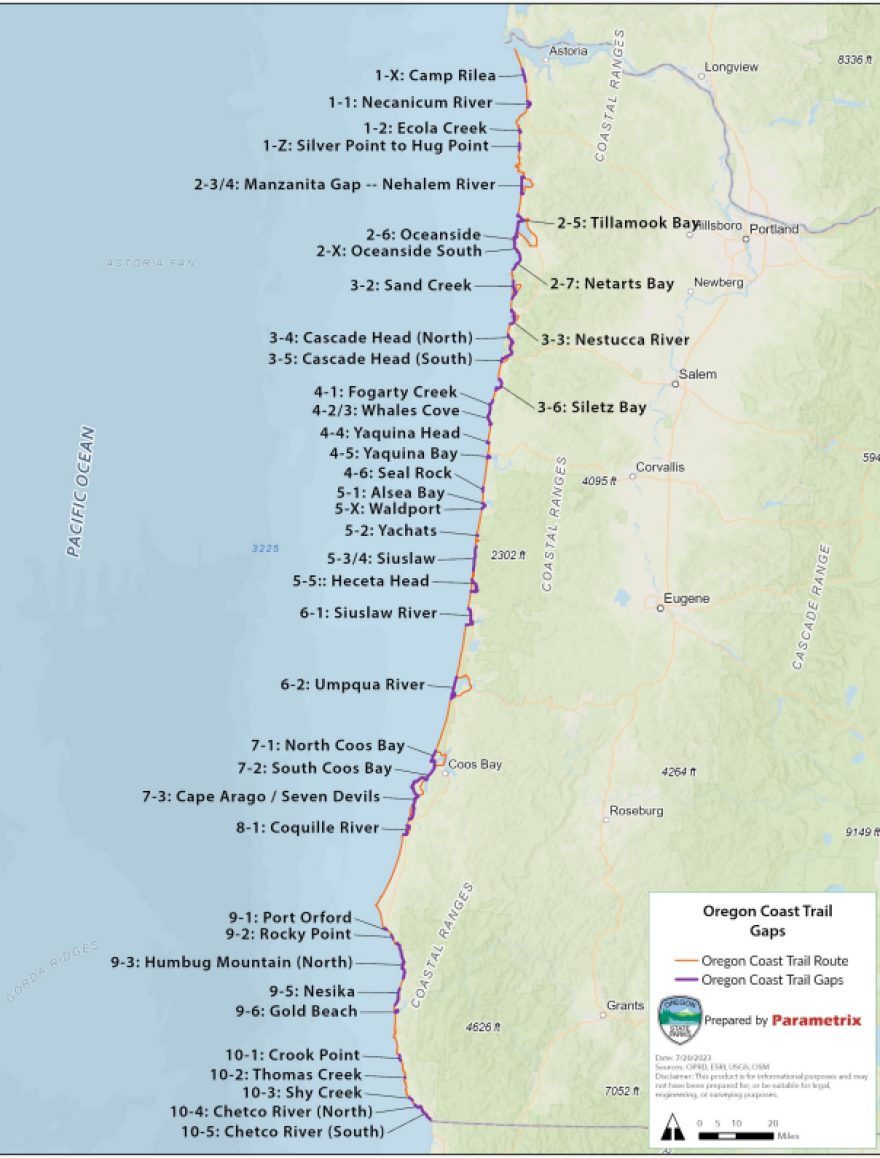  Map of the Oregon Coast Trail showing gaps.