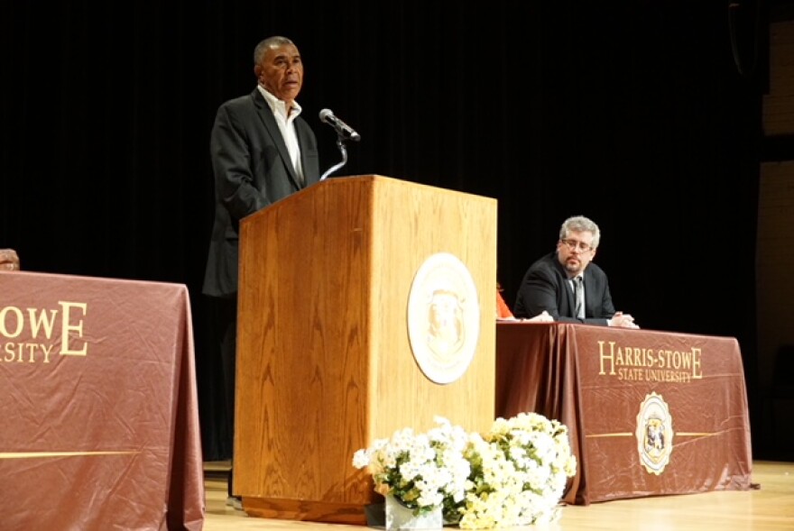 U.S. Rep. Lacy Clay, D-University City, speaks before a crowd of about 500 at a town hall meeting about gun violence on Wednesday.