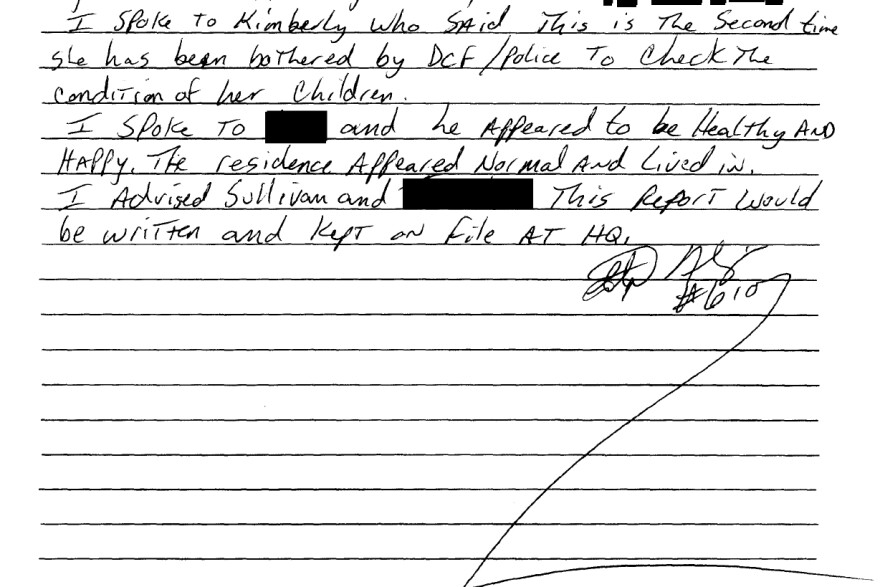 A portion of the narrative description of events from a Waterbury Police Department report on April 1, 2005 checking on the wellness of a child at 2 Blake St. The officer reports that, “I spoke to [redacted] and he appeared to be healthy and happy. The residence appeared normal and lived in.”