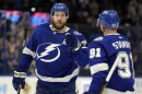 Tampa Bay Lightning defenseman Victor Hedman (77) celebrates his goal against the Anaheim Ducks with center Steven Stamkos (91) Saturday, Jan. 13, 2024, in Tampa. Hedman was selected on Sept. 18, 2024, to succeed Stamkos as team captain for the 2024-25 season.