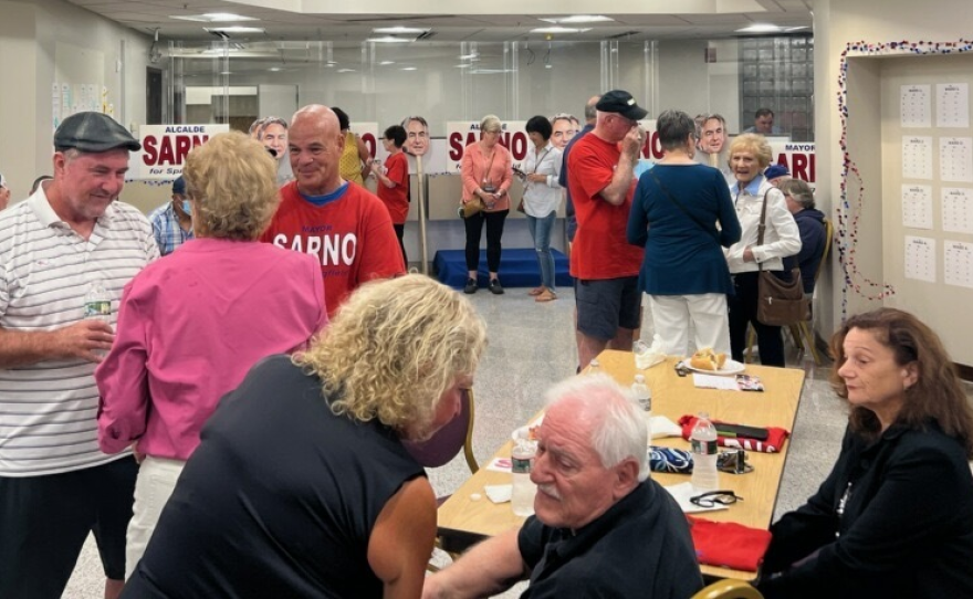 Supporters of Springfield Mayor Domenic Sarno gather at his campaign headquarters on preliminary election night, Sept. 12, 2023.