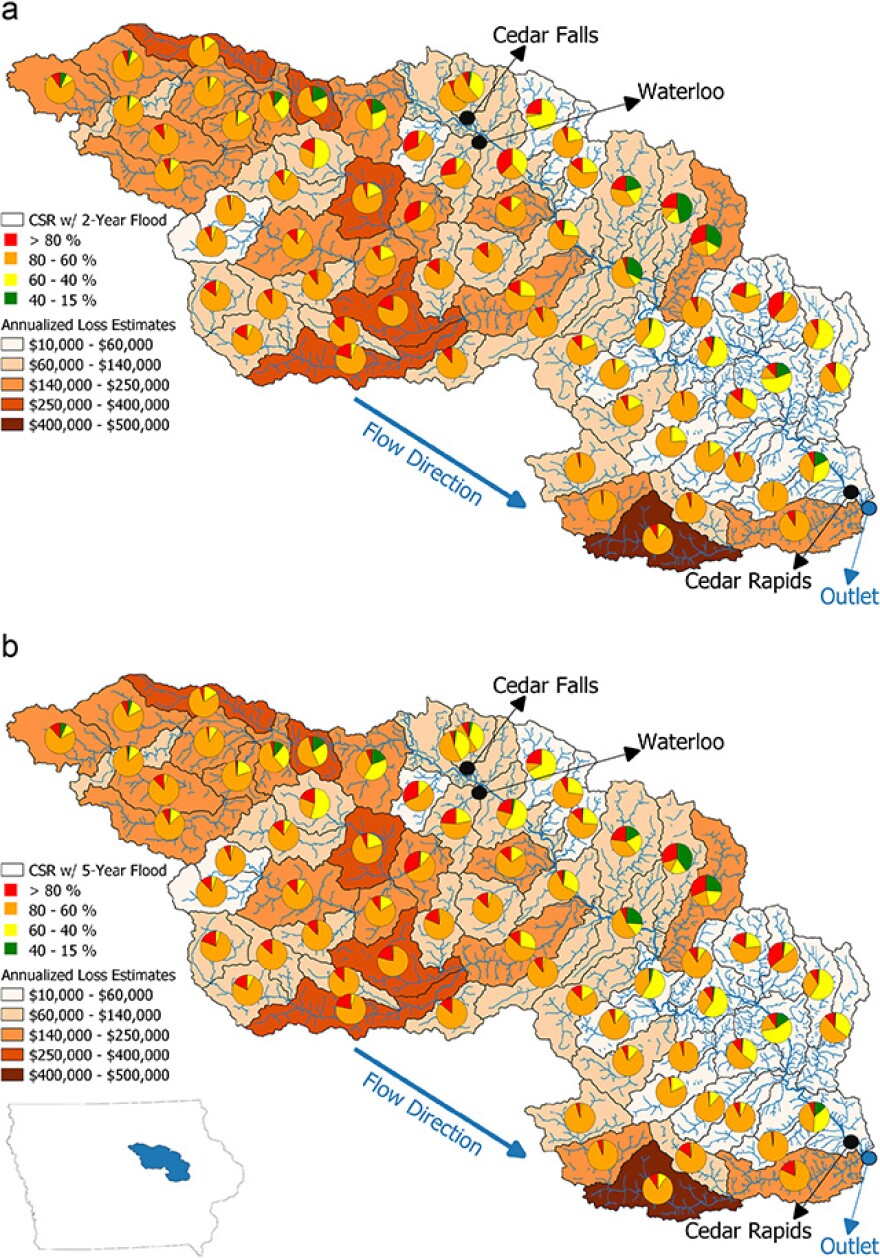 Researchers at the University of Iowa created comprehensive maps showing flood risk for farmland throughout Iowa. The map above shows the flood risk, crop yield, and annual average losses for farmland under two time intervals in the Middle Cedar watershed, which includes Cedar Falls/Waterloo and Cedar Rapids.