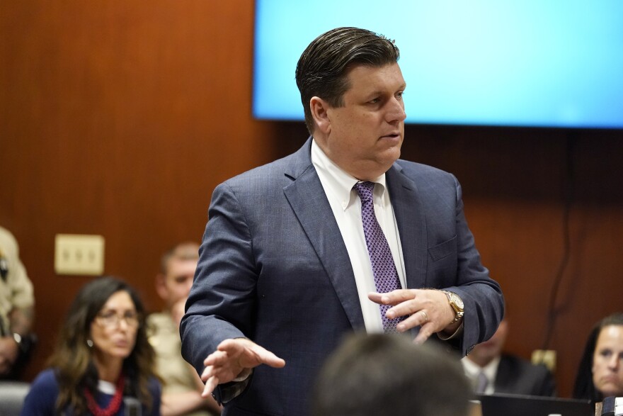 Defense attorney Chad Frese delivers his closing arguments during Cristhian Bahena Rivera's trial, Thursday, May 27, 2021, at the Scott County Courthouse in Davenport, Iowa. Bahena Rivera is on trial after being charged with first degree murder in the death of Mollie Tibbetts in July 2018. (AP Photo/Charlie Neibergall, pool)