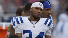 FILE - Indianapolis Colts cornerback Isaiah Rodgers Sr. (34) stands on the sideline during an NFL football game against the New England Patriots on Nov. 6, 2022, in Foxborough, Mass. Rodgers did not practice with his teammates Wednesday, June 7, 2023, two days after the team said it was aware of an NFL investigation into gambling allegations about one of its players.