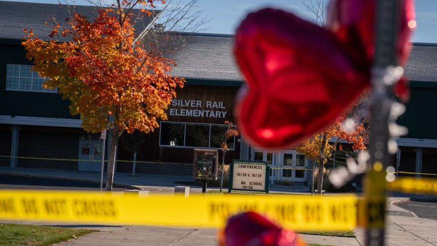 Makeshift memorial in front of Silver Rail Elementary School in Bend, Ore., on Oct. 16, 2026.