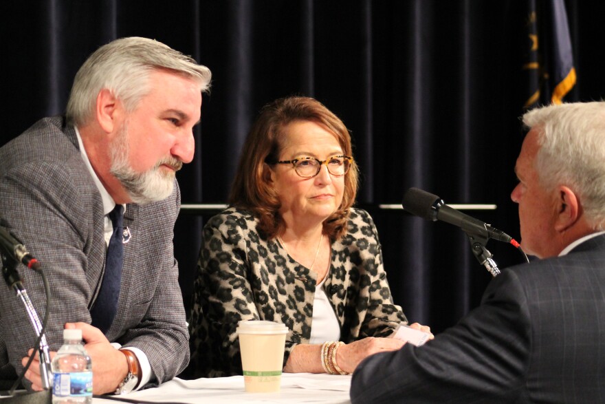 Gov. Eric Holcomb, left, and Chief Justice Loretta Rush, right, both noted the significantly high turnover in the state's judiciary during Holcomb's two terms.