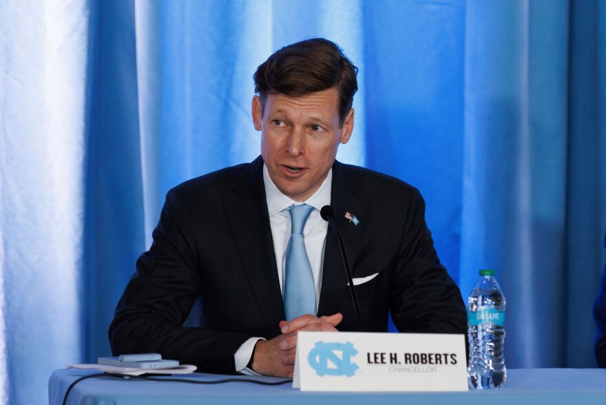 FILE - University of North Carolina Chancellor Lee Roberts speaks during an NCAA college football press conference introducing Bill Belichick as UNC's new head football coach, Thursday, Dec. 12, 2024, at North Carolina in Chapel Hill, N.C. (AP Photo/Ben McKeown, file)