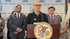 Megan Jeyifo, executive director of Chicago Abortion Fund, speaks at a news conference announcing the Prairie State Access Fund in January.