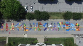 An aerial photo of the vandalism done to the Black Lives Matter Mural in Indianapolis.