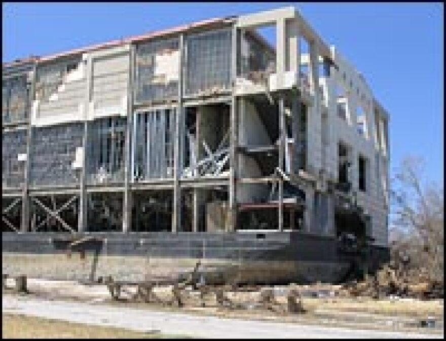 Floating casino barges like this one were heavily damaged by the hurricane. Some operators now hope Mississippi will relax its laws to allow gambling on land.  