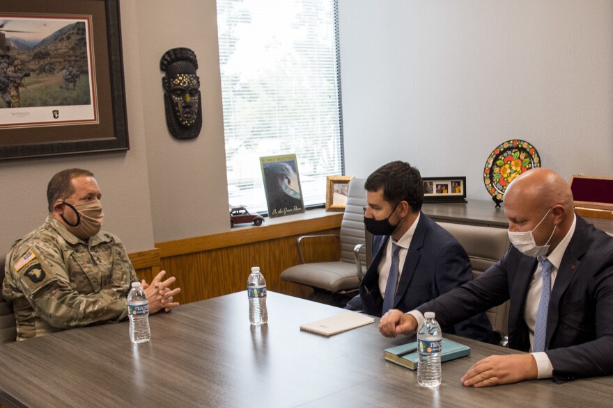 From left, Maj. Gen. David S. Baldwin, Adjutant General of the California National Guard, meets with Ukrainian General Dmytro Kushneruk, and Kushneruk's counsel, Yuriy Panchenko during a visit to the Sacramento, Cal. as part of the State Partnership Program in 2020.