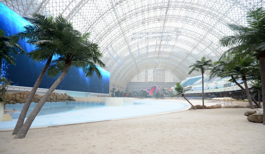 A view of a section of the Paradise Island Water Park, which features an artificial beach, in the New Century Global Center in Chengdu, China.