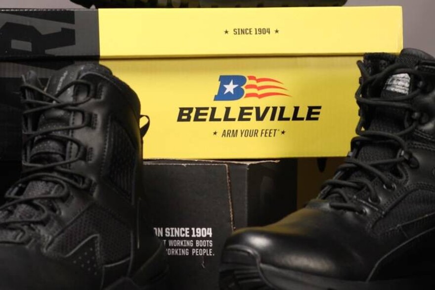 Belleville Shoe Manufacturing Co. boxes feature a logo patterned off the American flag that incorporates the letter “B,” as well as the company’s slogan, “Arm Your Feet,” and a reference to its founding in 1904.