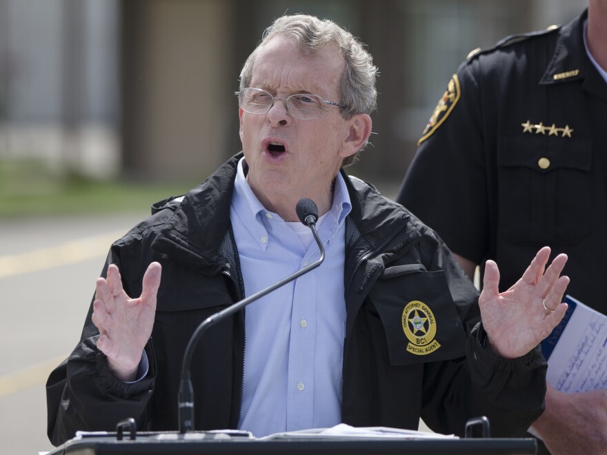 Ohio State Attorney General Mike DeWine speaks during a news conference on Wednesday in Waverly, Ohio.