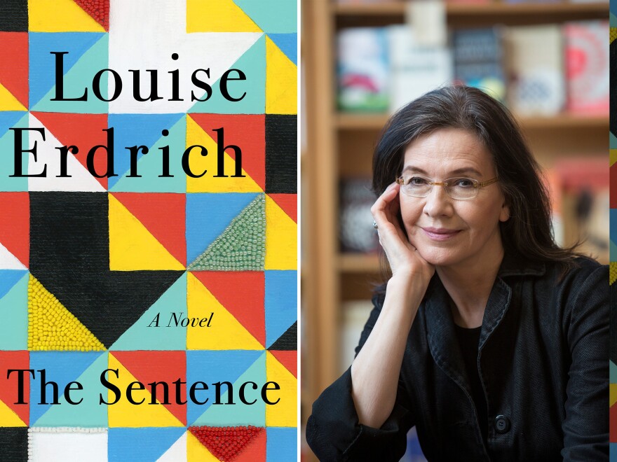 Author Louise Erdrich next the cover of her new book, <em>The Sentence.</em>