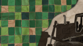 An illustration of a gray and black bulldozer. The equipment is coming into the frame from the right. The rest of the illustration is a drawn bird's eye field of farm fields. The bulldozer is pushing the quilt of farmland. 