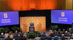 Syracuse University Chancellor Kent Syverud addresses the campus community Monday during his annual winter message