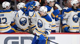 Buffalo Sabres left wing Beck Malenstyn is congratulated by teammates after scoring a goal April 4, 2026.
