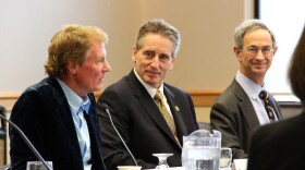 Finger Lakes Regional Economic Development Council co-chairs Danny Wegman and Joel Seligman flank Lt. Gov. Bob Duffy at Wednesday's public session.