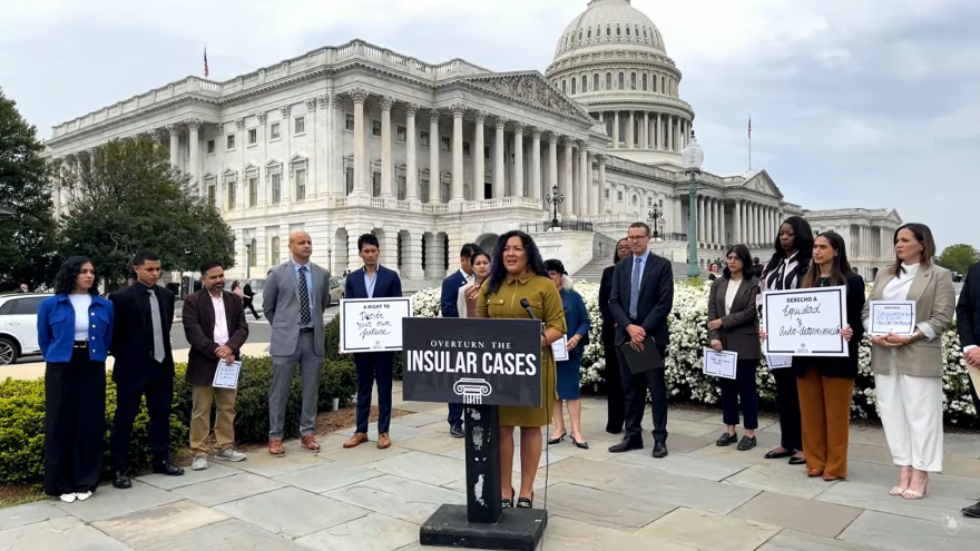 Adi Martinez Roman, Right to Democracy co-director, speaks during a press conference today outside the United States Capitol.