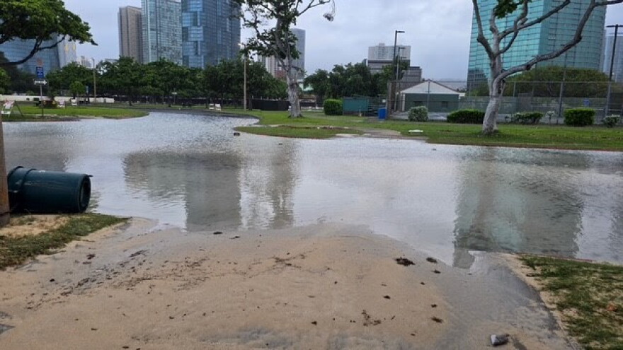 Portions of Ala Moana Regional Park on Oʻahu were seen flooded on Tuesday, following Hurricane Lowell.