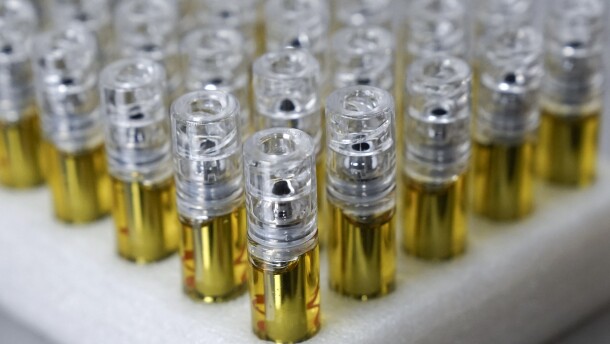 Vape cartridges containing THC oil are arranged in a triangular pattern on a tray. They look like small, plastic tubes filled with golden liquid. 