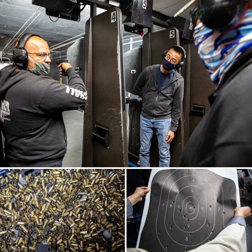 Top: Owner and instructor Edmon Muradyan, 46, instructs Jae Chung, 49, and Anthony Refuerzo, 61, during a firearms training course organized by Asian Americans for Asian Americans at the Marshall Security Training Academy & Range in Compton, Calif. Bottom left: Bullet casings in the shooting range. Bottom right: A participant shows her paper target after her first time at a shooting range.