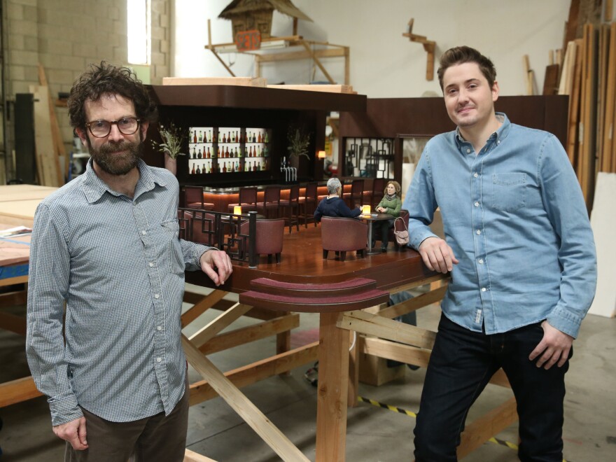 Co-directors Charlie Kaufman (left) and Duke Johnson, on the set of their film, where everything is built at "Barbie scale."