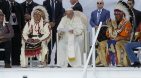 Pope Francis delivers remarks as he meets Indigenous communities — including First Nations, Metis and Inuit — at Our Lady of Seven Sorrows Catholic Church in Maskwacis, near Edmonton, Canada, on Monday