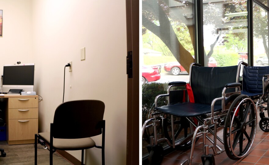 At left, a bathroom has been converted into a telehealth office, where patients can Skype with doctors in other locations. Administrators say the clinic has maxed out on free space. At right, wheelchairs are stored in the front hallway, which doubles as extra waiting space for patients.