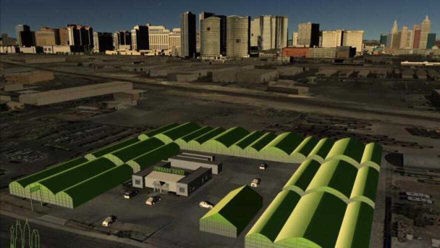 Urban Seed is testing dozens of different crops, from bell peppers to beets to alpine strawberries. This rendering shows the company's plans for high-tech greenhouses in Las Vegas, which is under development.