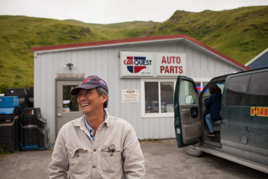 Sonny Nguyen outside of the auto parts store he owns in the town of Unalaska on the port of Dutch Harbor. He's a refugee from Vietnam who moved to Seattle in 1976 and then went to Dutch Harbor where he's lived on and off for 30 years. 